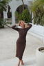Adaya dark brown two-piece swim set with padded top and skirted bottom for modest beach style