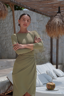 Olive modest Adaya swim set with real wrap skirt, designed for coverage, comfort, and summer style