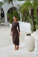 Modest fit Adaya dark brown swimwear set with real wrap skirt ideal for conservative beachwear