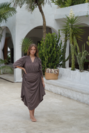 Chic bronze swim set with Lia wrap skirt, modest swimwear ideal for summer vacations