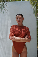 Clay Mona modest swim set with Tara skirt, perfect for full coverage and elegant beach or pool style
