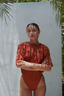 Clay Mona modest swim set with Tara skirt, perfect for full coverage and elegant beach or pool style