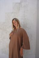 Eva Modest Ribbed T-Shirt Dress – Beige