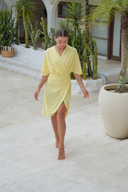 Full coverage honey Ella swim set paired with real wrap skirt, elegant modest swimwear for women