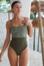 Khaky shiny Naya swim set with Elina wrap skirt, modest swimwear with wrap skirt for beach vacations