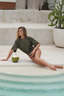 Military green Mona swim set with Ana wrap skirt, modest swimwear with wrap skirt for full coverage beachwear