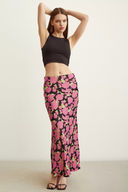 Side profile of the modest Satin Flared Skirt in Pink Floral print.