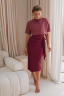 Modest swimwear set for Muslim women with adjustable one-piece and Wine faux wrap skirt