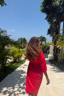 Red modest swim dress Emma with lightweight fabric, modest swimsuit for women seeking comfort and elegance.