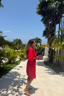 Plus size red modest swimsuit dress with flattering fit, perfect for modest beachwear and active swimming.