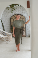 Full coverage khaky shiny Naya swim set paired with Elina skirt, modest swimsuit for women