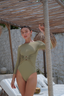 Olive Adaya modest swim set with real wrap skirt, perfect for full coverage and elegant beach/pool style