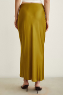 Close-up back view of the modest Satin Flared Skirt in Olive.