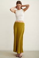 Front view of the modest Satin Flared Skirt in Olive.