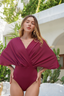 Elegant wine Ella swim set with real wrap skirt, modest swimwear perfect for pool and beach vacations
