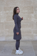 Charcoal gray modest activewear skirt, 20-inch length, ideal for yoga and fitness sessions.