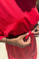 Emma modest swimsuit dress in red with adjustable waist, suitable for Muslim women and modest fashion lovers.