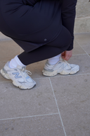 Full view of the 20-inch modest sport skirt with integrated leggings, showing movement and versatility for Muslim activewear needs. Modest activewear. Tznius activewear.
