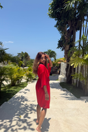 Modest swimwear for women – Emma swim dress in red, designed for coverage and elegance at the beach or pool.