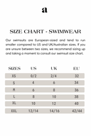 Size chart for the Mona Set modest swimsuit, detailing measurements for the one-piece swimsuit and short wrap skirt, helping customers select the perfect fit for elegant and modest swimwear.